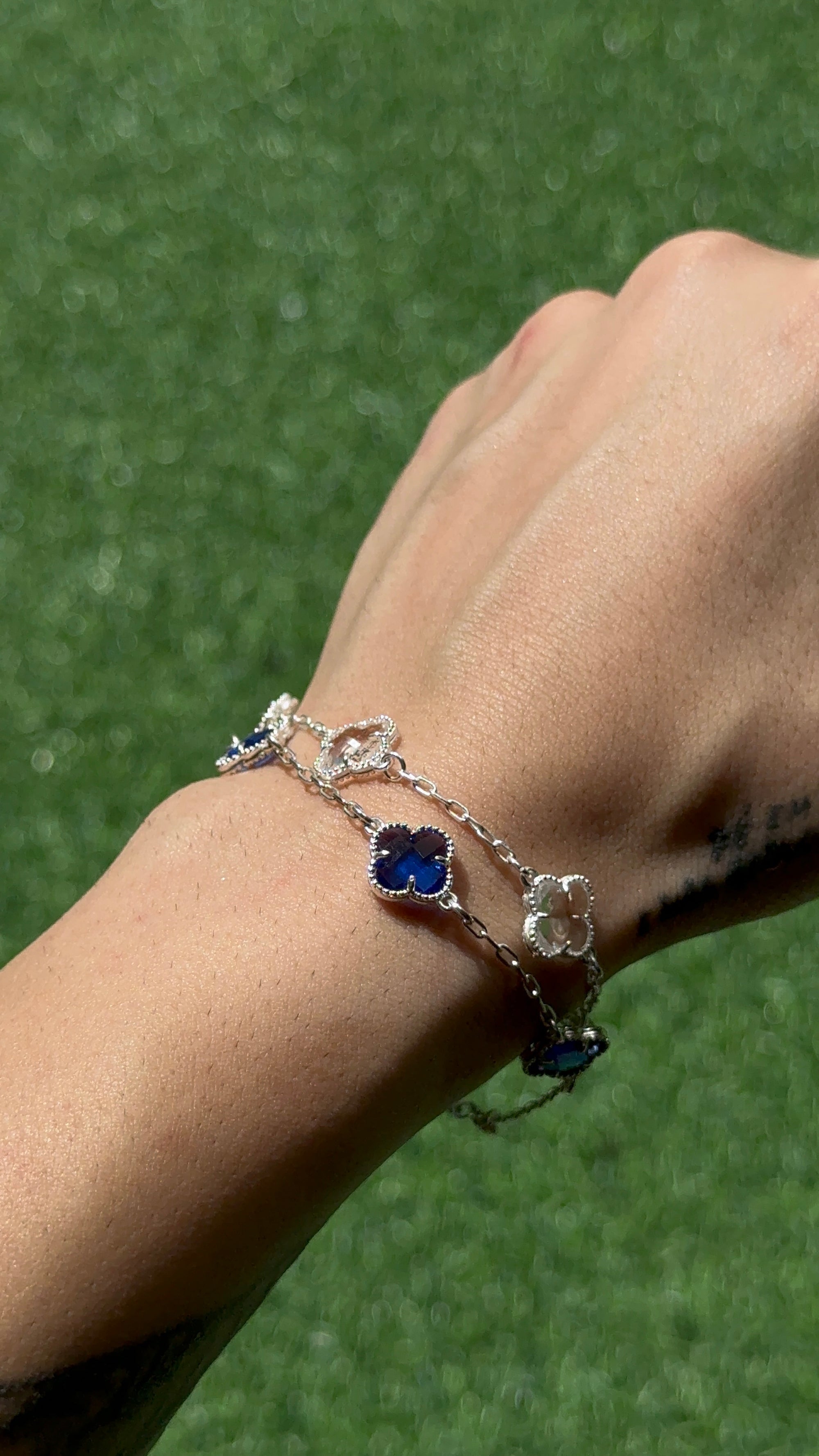 KIT Pulseiras Trevo Azul + Transparente (Prata 925) - 2X1
