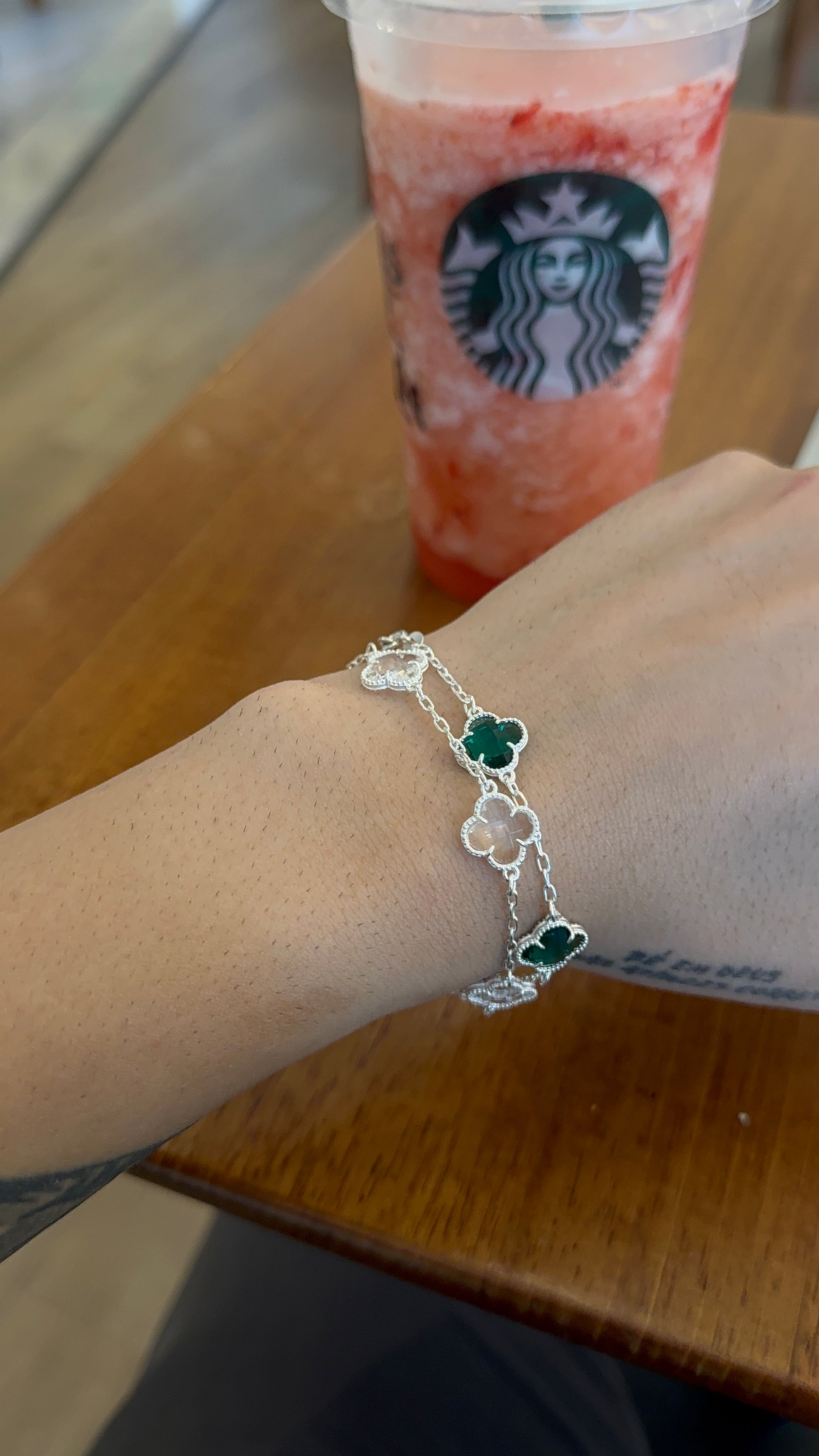 KIT Pulseiras Trevo Verde + Transparente (Prata 925) - 2X1