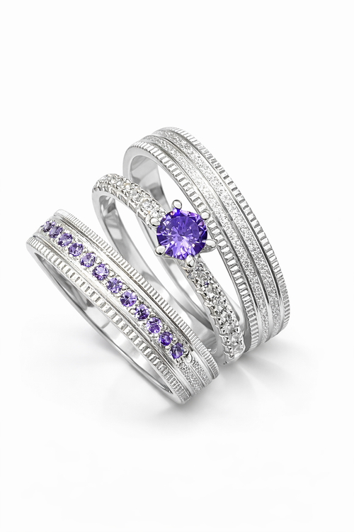 Aliança Cravejada Pedra Roxa em 3MM + Anel Solitário (Brinde) + Gravação Grátis