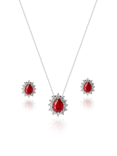 KIT Colar + Brinco Gota Vermelho Cravejada Prata 925