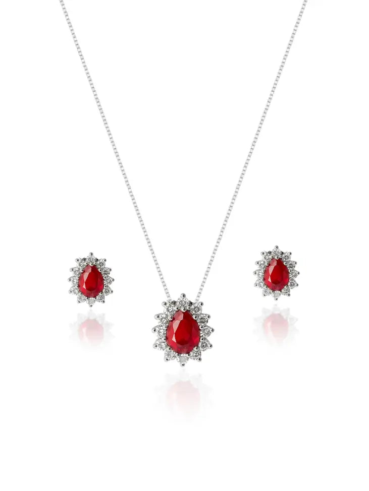 KIT Colar + Brinco, Gota Vermelho Cravejada (Prata 925) AuraLuxury