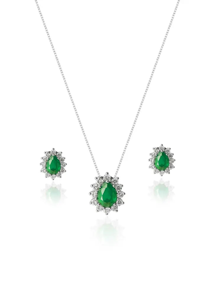 KIT Colar + Brinco, Gota Verde Cravejada (Prata 925) AuraLuxury