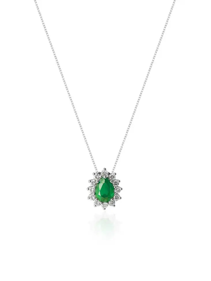 Colar em prata 925 com pedra verde esmeralda e brilhantes, design exclusivo e acabamento premium