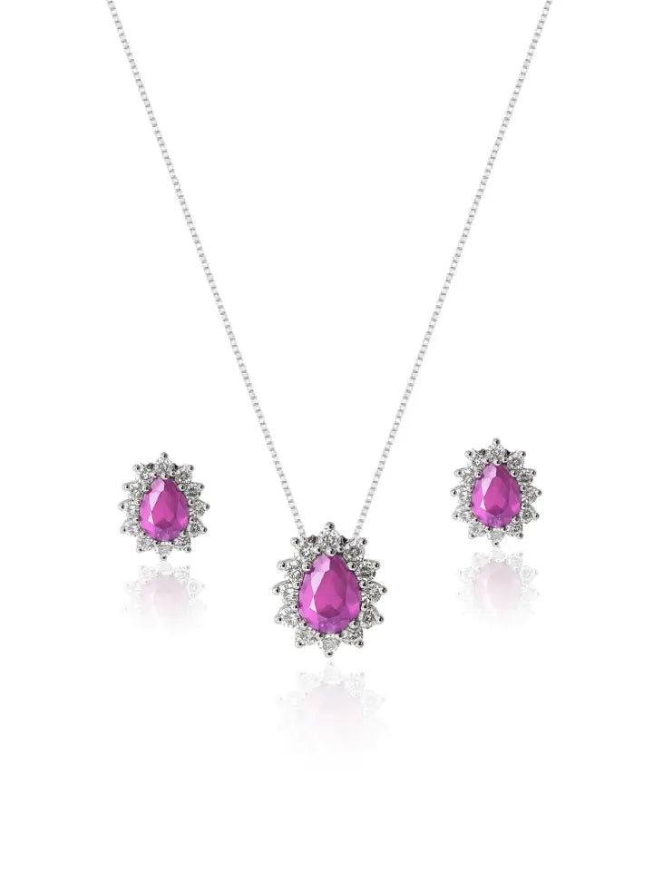 KIT Colar + Brinco, Gota Rose Cravejada (Prata 925) AuraLuxury