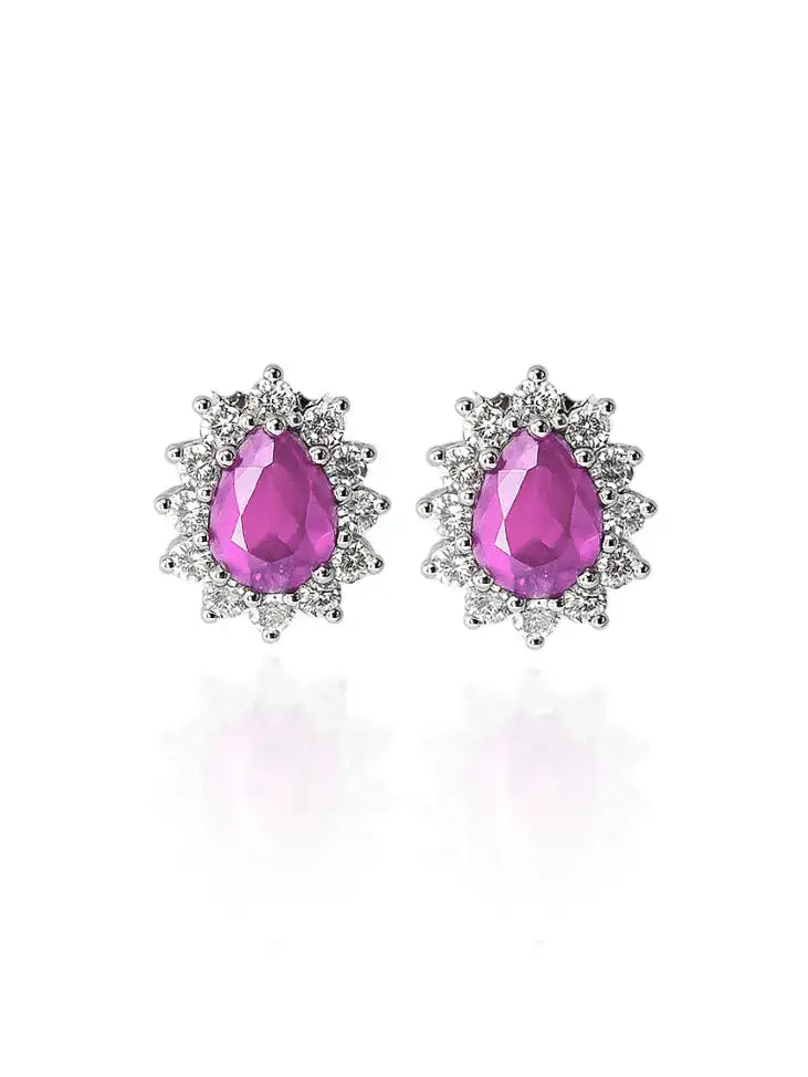 Brincos de prata 925 com pedra rosa em corte gota e detalhes em zircônias, design luxo e elegante