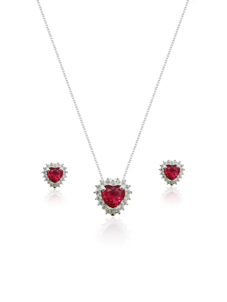 KIT Colar + Brinco, Coração Vermelho Cravejada (Prata 925) AuraLuxury