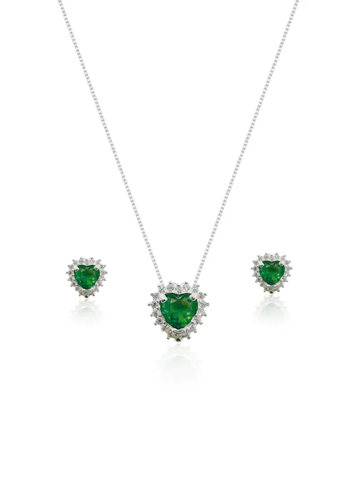 KIT Colar + Brinco, Coração Verde Cravejada (Prata 925) AuraLuxury