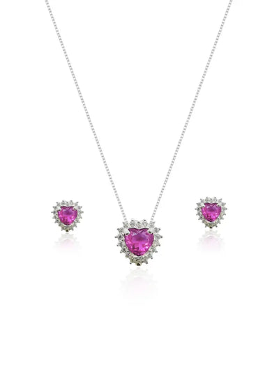 KIT Colar + Brinco Coração Rose Cravejada Prata 925