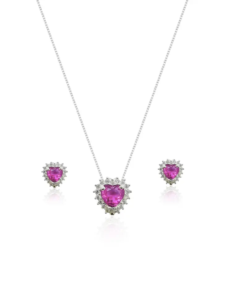 KIT Colar + Brinco, Coração Rose Cravejada (Prata 925) AuraLuxury