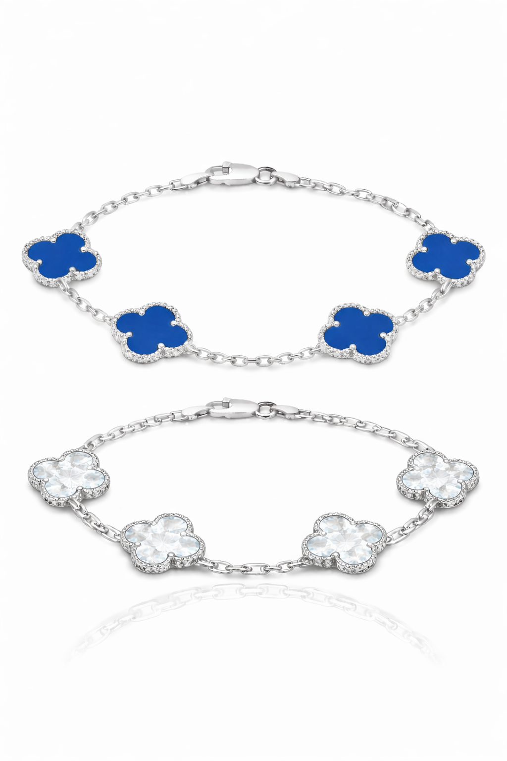KIT Pulseiras Trevo Azul + Transparente (Prata 925) - 2X1