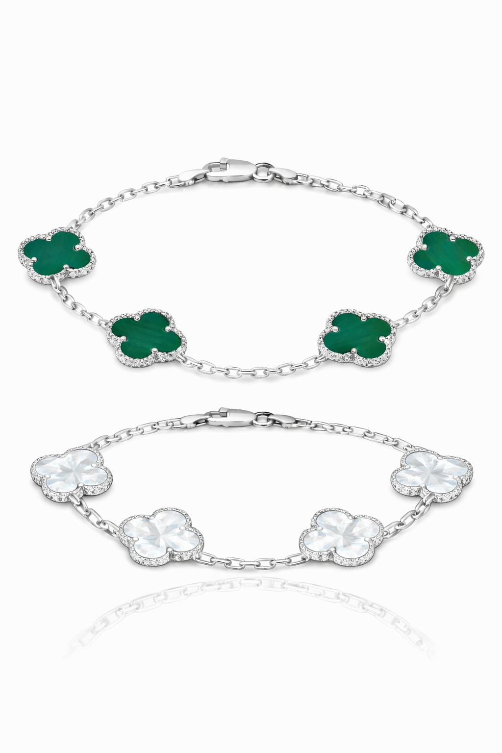 KIT Pulseiras Trevo Verde + Transparente (Prata 925) - 2X1