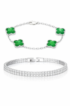 KIT Pulseira Trevo Verde Prata 925 + Riviera Dupla Banhada Prata 925 - 2X1
