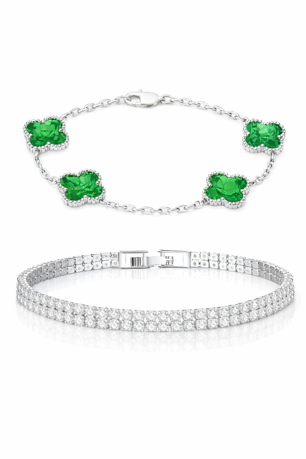 KIT Pulseira Trevo Verde Prata 925 + Riviera Dupla Banhada Prata 925 - 2X1