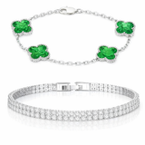 KIT Pulseira Trevo Verde Prata 925 + Riviera Dupla Banhada Prata 925 - 2X1