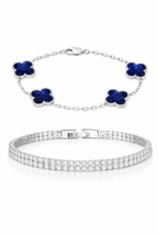KIT Pulseira Trevo Azul Prata 925 + Riviera Dupla Banhada Prata 925 - 2X1