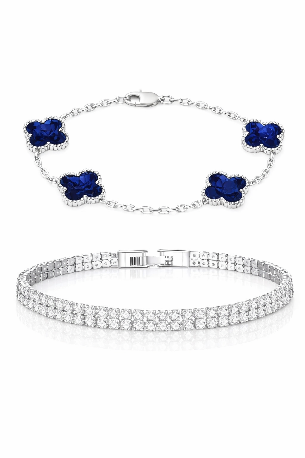 KIT Pulseira Trevo Azul Prata 925 + Riviera Dupla Banhada Prata 925 - 2X1