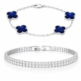 KIT Pulseira Trevo Azul Prata 925 + Riviera Dupla Banhada Prata 925 - 2X1