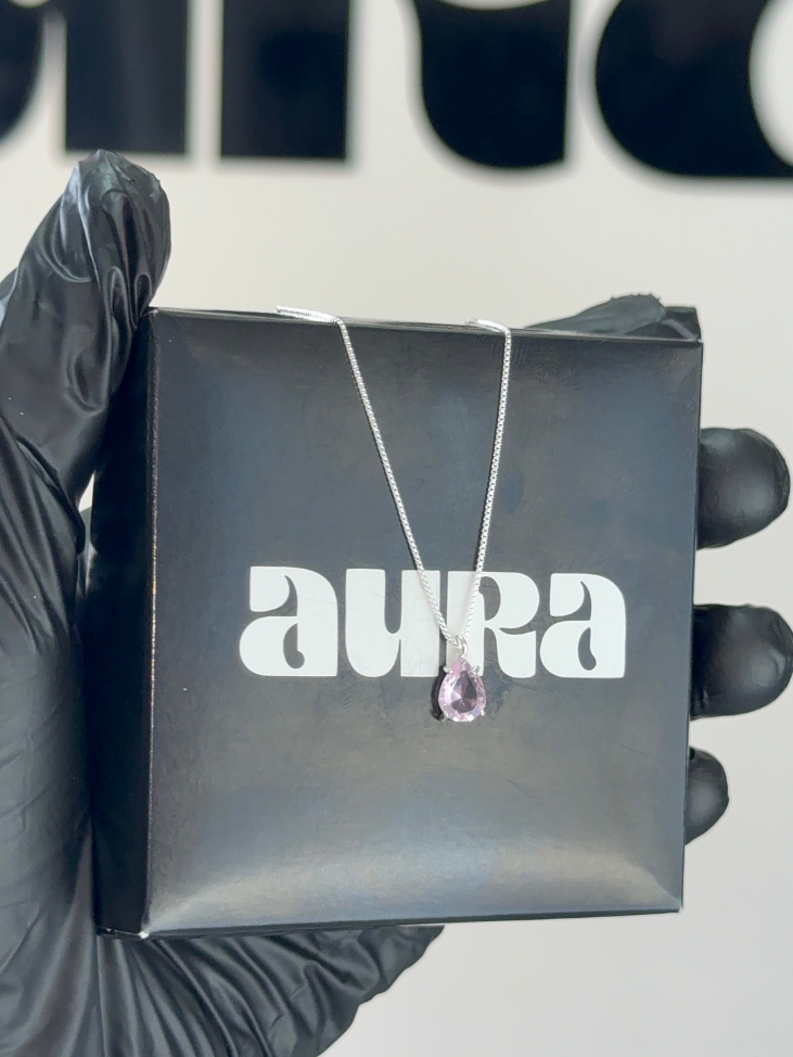 Colar Veneziana Ponto De Luz Gota Cristal - Rosa (Prata 925)