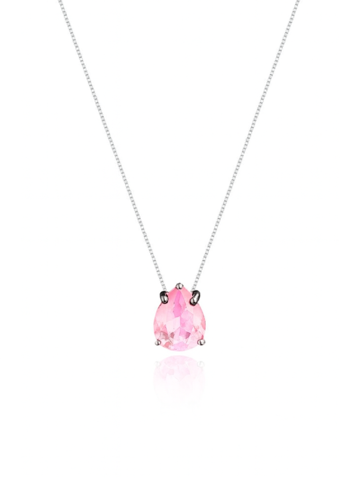 Colar Veneziana Ponto De Luz Gota Cristal - Rosa (Prata 925)