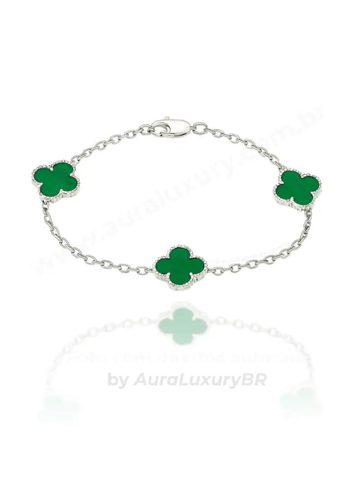 Pulseira em prata 925 com três folhas verdes, design exclusivo e acabamento premium